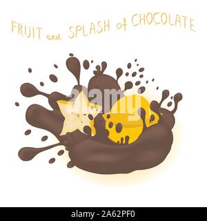 Abstract vector illustration logo for fruit yellow carambola, splash of drop chocolate. Сarambola pattern consisting of splashes drip flow liquid Choc Stock Vector