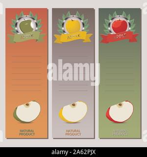 Abstract vector icon illustration logo for whole ripe fruit colorful apple, slice half. Apple pattern consisting of card label, natural design sign ta Stock Vector