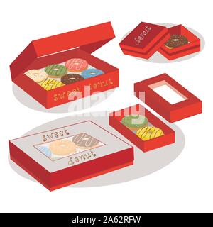Vector icon illustration logo for glazed sweet donut in boxs. Donut pattern consisting of heap of different colored confection doughnuts. Eat tasty ca Stock Vector