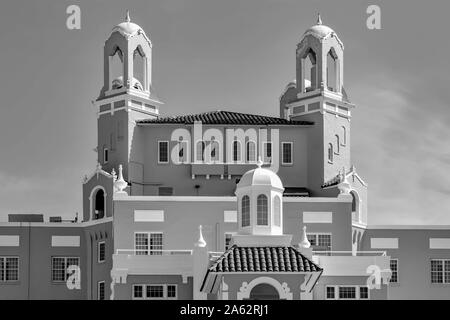 St. Pete Beach, Florida. January 25, 2019. Top view of The Don Cesar Hotel on lightblue cloudy sky background The Legendary Pink Palace of St. Pete Be Stock Photo