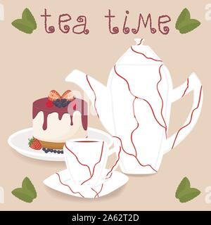 Vector illustration logo for ceramic cup, white teapot, teacup on saucer, berry cheesecake. Teacup pattern of tea brewed in porcelain cups, teapot, ch Stock Vector