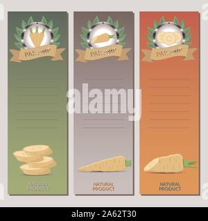 Abstract vector icon illustration logo for whole ripe vegetable yellow parsnip, sliced carrot on background. Parsnip pattern consisting of label veget Stock Vector