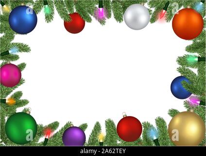 christmas frame background with pine branches, christmas balls and christmas lights Stock Vector