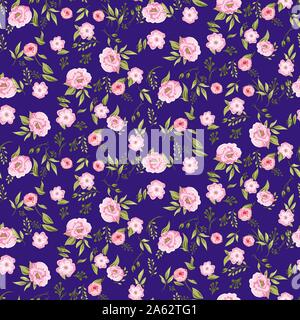 Rose peony flowers seamless pattern texture on blue background. Stock Vector