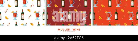 Set of colorful seamless patterns with mulled wine, spices, orange slices and red wine bottle. Endless texture. Wallpaper, positive new year fabric pr Stock Vector