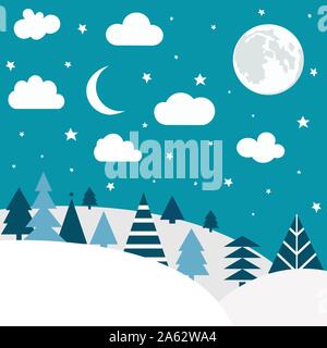Cartoon nature winter landscape pattern. Christmas postcard, greeting card. Stock Vector