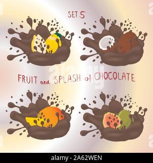 Vector icon logo for fruit mango, guava, quince, nut coconut, splash of drop brown chocolate. Nut pattern of splashes drip flow Chocolate.Eat fruits m Stock Vector