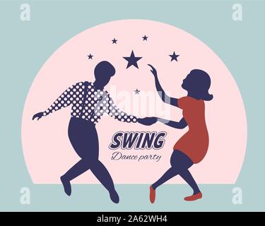 Swing dance party poster. Silhouettes of man and woman dancing lindy hop or boogie woogie. 1940s and 1950s style. Flat vector illustration. Stock Vector