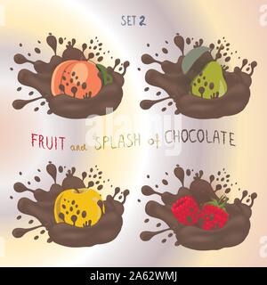 Vector icon logo for fruit apple, peach, pear, raspberry, splash of drop brown chocolate. Pear pattern of splashes drip flow Chocolate. Eat fruits app Stock Vector
