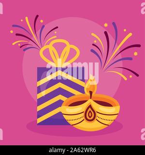 happy diwali card with gift and candle celebration icon Stock Vector