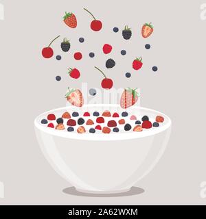Abstract vector icon illustration logo for berries in bowl, splash of drop white milk. Milk pattern consisting of bowls is filled with berry strawberr Stock Vector