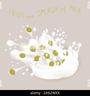 Abstract vector icon illustration logo for ripe berry green gooseberry,splash of drop white milk.Gooseberry pattern consisting of splashes drip flow l Stock Vector