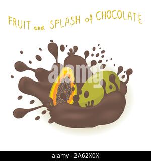 Abstract vector illustration logo for exotic fruit green papaya, splash of drop chocolate. Papaya pattern consisting of splashes drip flow liquid Choc Stock Vector