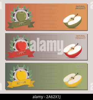 Abstract vector icon illustration logo for whole ripe fruit colorful apple, slice half. Apple pattern consisting of card label, natural design sign ta Stock Vector