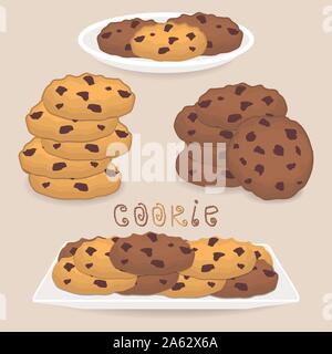 Vector icon illustration logo for pile homemade cookies, shortbread biscuit on white plate. Cookie pattern consisting of natural sweet french dessert Stock Vector