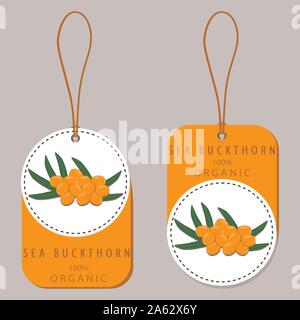 Abstract vector icon illustration logo for whole ripe berry yellow sea buckthorn, green leaf. Sea Buckthorn pattern consisting of label natural food, Stock Vector
