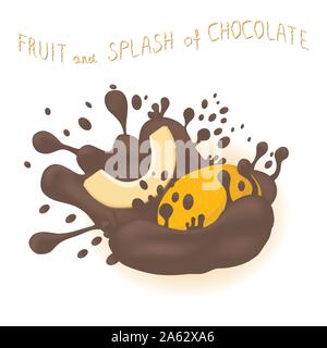 Abstract vector illustration logo for fruit yellow honey melon, splash of drop chocolate. Melon pattern consisting of splashes drip flow liquid Chocol Stock Vector