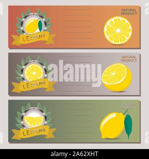 Abstract vector icon illustration logo for whole ripe citrus fruit yellow lemon, slice half. Lemon pattern consisting of card label, natural design ci Stock Vector