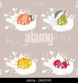 Vector icon illustration logo for fruit apple, peach, pear, raspberry, splash of drop white milk. Pear pattern of splashes drip flow Milk. Eat sweet f Stock Vector