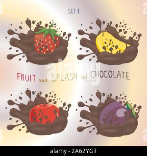 Vector icon logo for fruit apple, banana, plum, strawberry, splash of drop brown chocolate. Plum pattern of splashes drip flow Chocolate. Eat fruits a Stock Vector