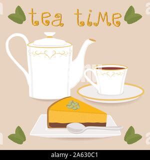 Vector illustration for ceramic cup, white teapot, teacup on saucer, slice pumpkin cheesecake. Teacup pattern of tea brewed in porcelain cups, teapot, Stock Vector