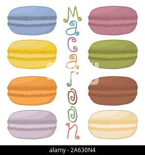 Vector icon illustration logo for pile colorful macarons, baked goods on morning breakfast. Macaron pattern consisting of natural sweet french dessert Stock Vector