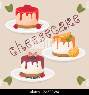Abstract vector icon illustration logo for slice cheesecake lies on white plate. Cheesecake pattern consisting of cut cheese cake, sweet food. Eat tas Stock Vector