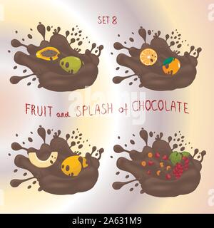 Vector icon logo for fruit orange, grape, melon, papaya, splash of drop brown chocolate. Melon pattern of splashes drip flow Chocolate. Eat sweet frui Stock Vector