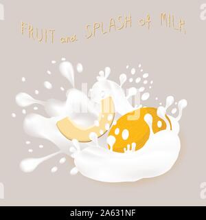 Abstract vector icon illustration logo for ripe fruit yellow honey melon, splash of drop white milk. Melon pattern consisting of splashes drip flow li Stock Vector