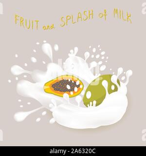 Abstract vector icon illustration logo for ripe exotic fruit green papaya, splash of drop white milk. Papaya pattern consisting of splashes drip flow Stock Vector