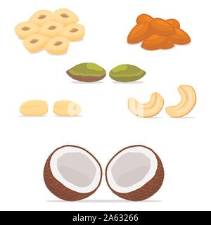Vector illustration logo for cashew, hazelnut, brazil nut, pistachio, peanut, coconut, almond. Nut consisting of nutley,nutshell.Eat cashews,hazelnuts Stock Vector