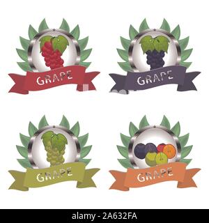 Abstract vector icon illustration logo for whole ripe branch grape, slice half berry. Grape pattern consisting of card label, natural design sign food Stock Vector