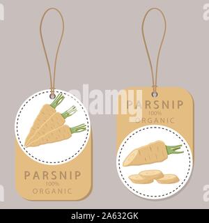 Abstract vector icon illustration logo for whole ripe vegetable yellow parsnip, sliced carrot on background. Parsnip pattern consisting of label veget Stock Vector