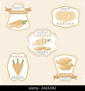Abstract vector icon illustration logo for whole ripe vegetable yellow parsnip, sliced carrot on background. Parsnip pattern consisting of label veget Stock Vector