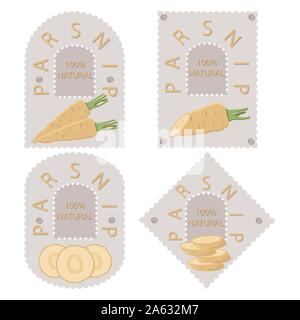 Abstract vector icon illustration logo for whole ripe vegetable yellow parsnip, sliced carrot on background. Parsnip pattern consisting of label veget Stock Vector
