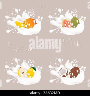 Vector icon illustration logo for fruit mango, guava, quince, nut coconut, splash of drop white milk. Nut pattern of splashes drip flow Milk.Eat fruit Stock Vector