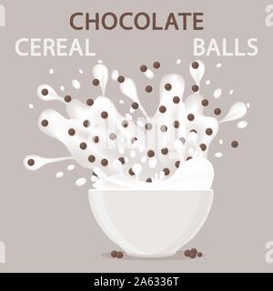 Abstract vector icon illustration logo for white milk cereal in bowl, chocolate flakes balls. Cereal pattern consisting of bowls, plate is filled with Stock Vector