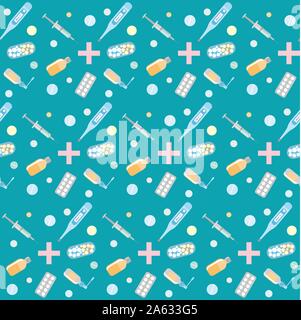 Abstract background health medicine tablet patch syringe seamless pattern Stock Vector