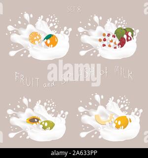 Vector icon illustration logo for fruit orange, grape, melon, papaya, splash of drop white milk. Melon pattern of splashes drip flow Milk. Eat sweet f Stock Vector