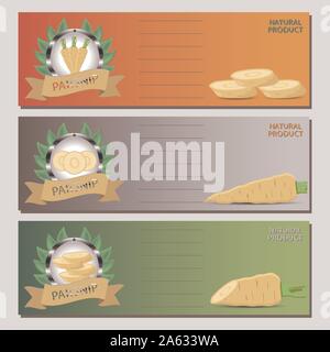 Abstract vector icon illustration logo for whole ripe vegetable yellow parsnip, sliced carrot on background. Parsnip pattern consisting of label veget Stock Vector