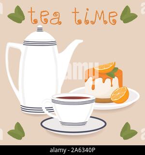 Vector illustration logo for ceramic cup, white teapot, teacup on saucer, orange cheesecake. Teacup pattern of tea brewed in porcelain cups, teapot, c Stock Vector