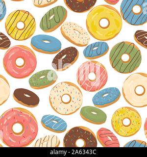Abstract vector icon illustration logo for glazed sweet donut. Donut pattern consisting of heap of different colored confection doughnuts. Eat tasty c Stock Vector