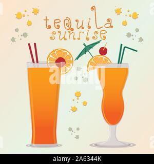 Vector icon illustration logo for alcohol cocktails tequila sunrise. Tequila pattern consisting of full glass cup with transparent cocktail, sliced or Stock Vector