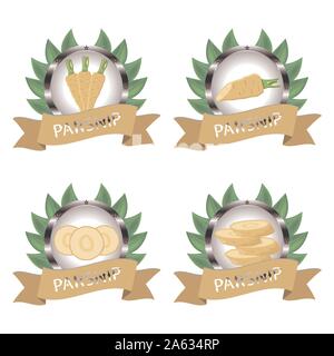 Abstract vector icon illustration logo for whole ripe vegetable yellow parsnip, sliced carrot on background. Parsnip pattern consisting of label veget Stock Vector