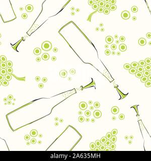 Retro green and black hand drawn bottles with bubbles and corkscrews. Seamless vector pattern on light cream background. Great for beach, summer Stock Vector