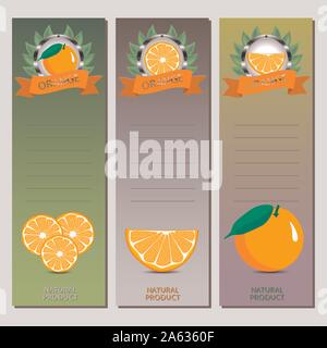 Abstract vector icon illustration logo whole ripe citrus fruit orange, slice half. Orange pattern consisting of card label, natural design tropical fo Stock Vector