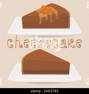 Vector icon illustration logo slice sweet cheesecake lies on plate. Cheesecake pattern consisting of cut cheese cake of nuts almond, drops of dripping Stock Vector