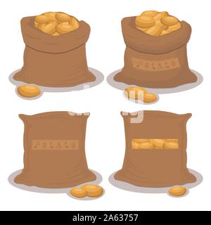 Abstract vector icon illustration logo for whole vegetable potato in brown sacks, bags in background. Potato pattern consisting of home ripe food, raw Stock Vector