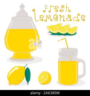 Vector illustration logo for slice yellow citrus fruit lemons, jar with lemonade. Jar pattern consisting of glass pitcher filled lemonades, natural sw Stock Vector