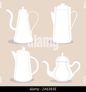 Abstract vector illustration logo for ceramic teapot, kettle on background. Teapot pattern consisting of glass kettles with handle, lid, spout for dra Stock Vector
